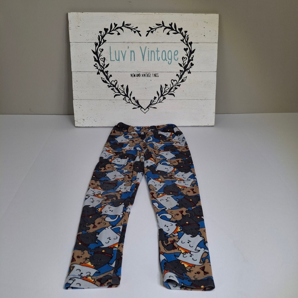 LuLaRoe Kids Leggings S/M Blue Grey Tan All Over Cat Print Stretchy Soft